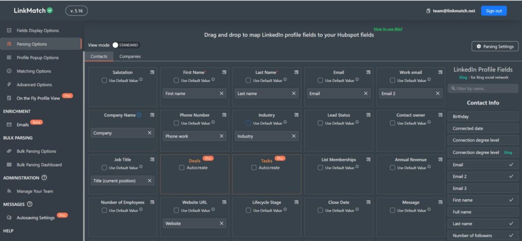 LinkedIn Profile Fields To HubSpot Fields Maping