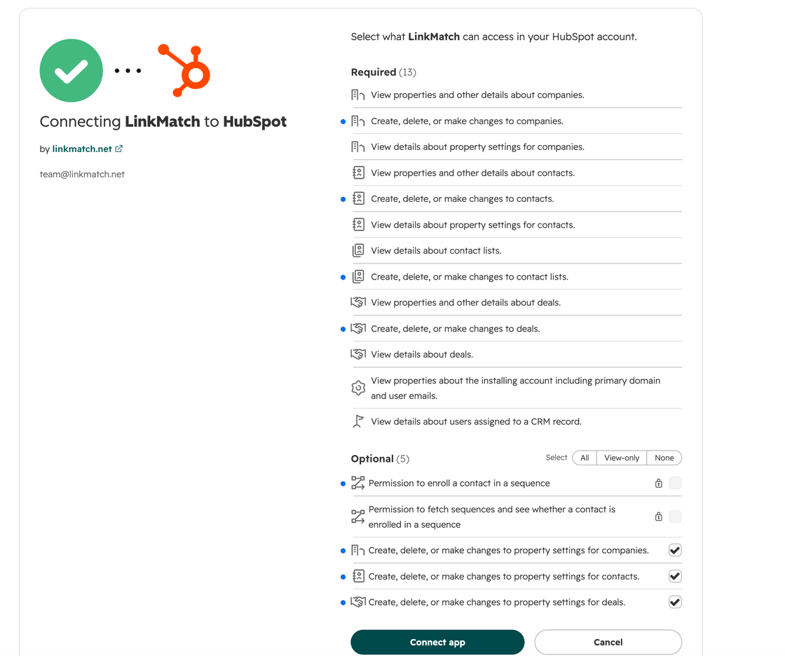 HubSpot authorization window listing the permissions LinkMatch requests, with the Connect app button