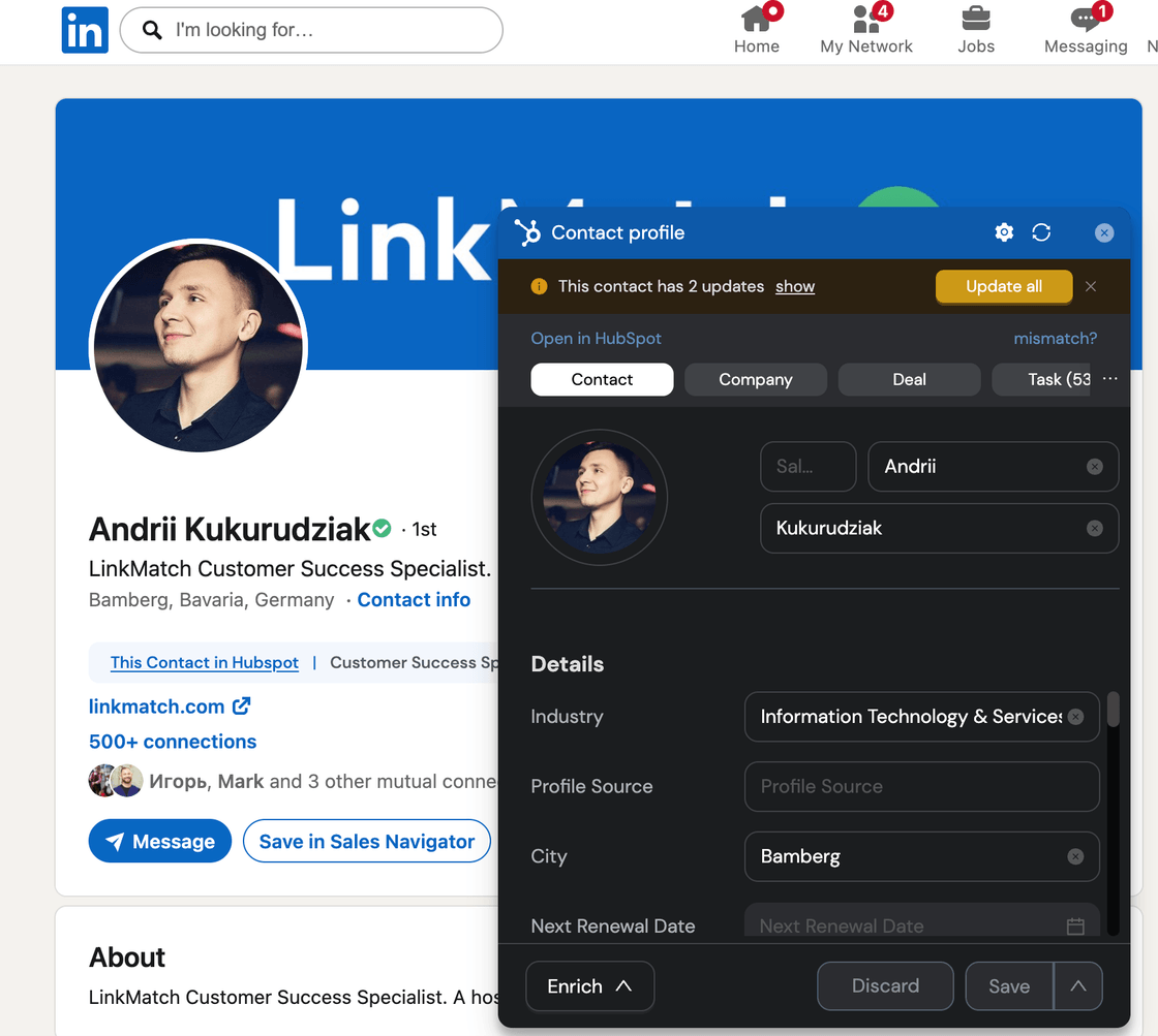 LinkedIn profile with the LinkMatch panel open, showing the matched HubSpot contact record