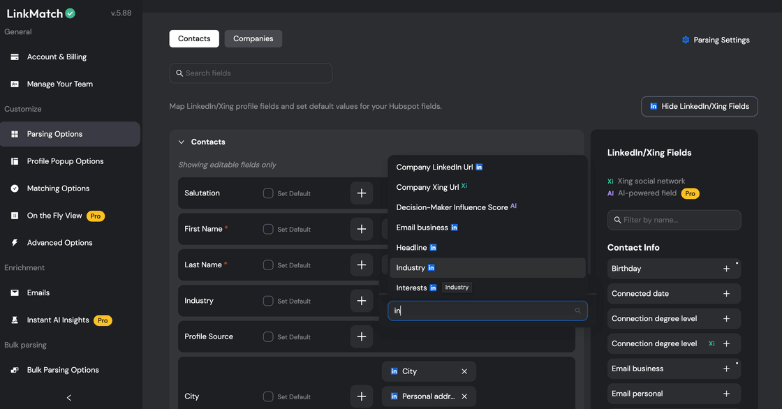 LinkMatch settings page mapping LinkedIn and XING profile fields onto HubSpot contact fields